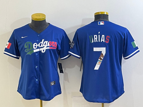 Women's Los Angeles Dodgers #7 Julio Urias Royal Mexico Cool Base Stitched Jersey(Run Small)
